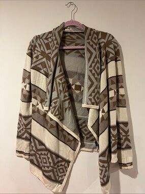 Anthropologie Open-Front Geometric Knit Cardigan - Cream & Brown